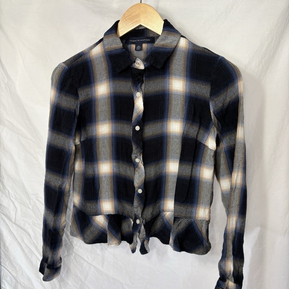 Tommy Hilfiger Plaid Flannel Shirt Ruffle‎ Peplum Hem Blue White Womens Size XS